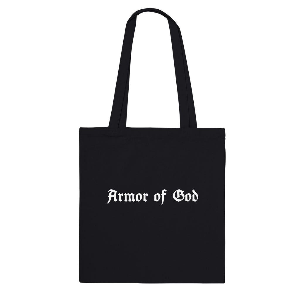 Black Armor of God cotton tote bag, front view