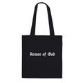 Black Armor of God cotton tote bag, front view