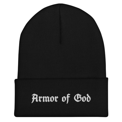 Armor of God Brand black cuffed beanie with embroidered blackletter logo, front view