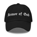 Armor of God Brand black dad hat with embroidered blackletter logo, front view