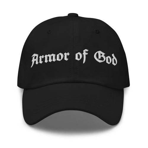 Armor of God Brand black dad hat with embroidered blackletter logo, front view