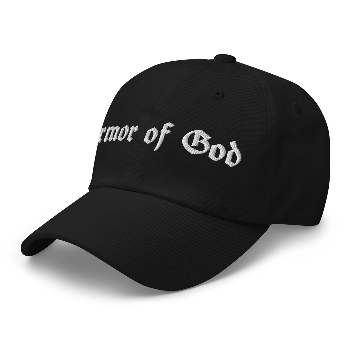 Armor of God Brand black dad hat with curved visor, left front angle