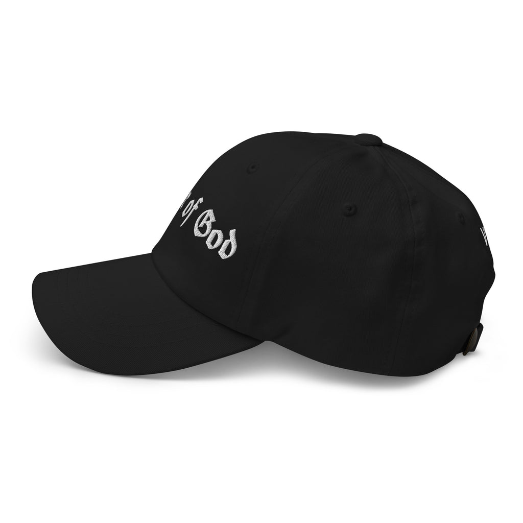 Armor of God Brand black dad hat, left side profile view