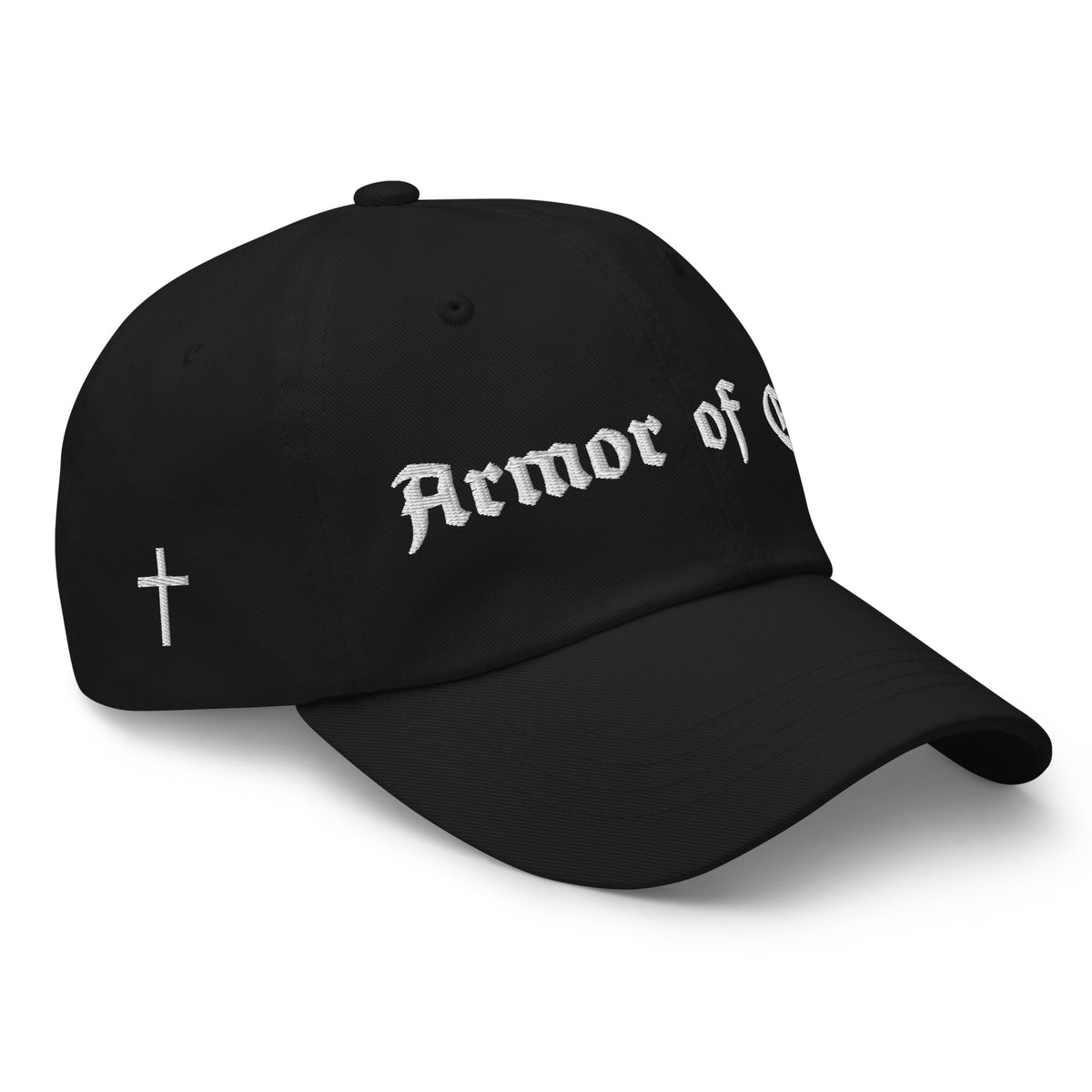 Armor of God Brand black dad hat with curved visor, right front angle