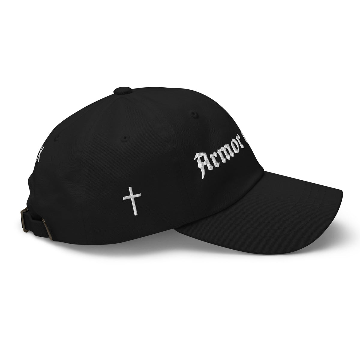 Armor of God Brand black dad hat, right side profile view