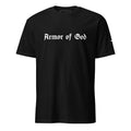 Armor of God Brand black t-shirt with printed blackletter logo, front view
