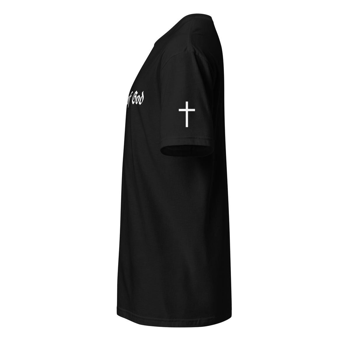 Armor of God Brand black t-shirt, left side view