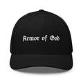 Armor of God Brand black trucker cap with embroidered blackletter logo, front view