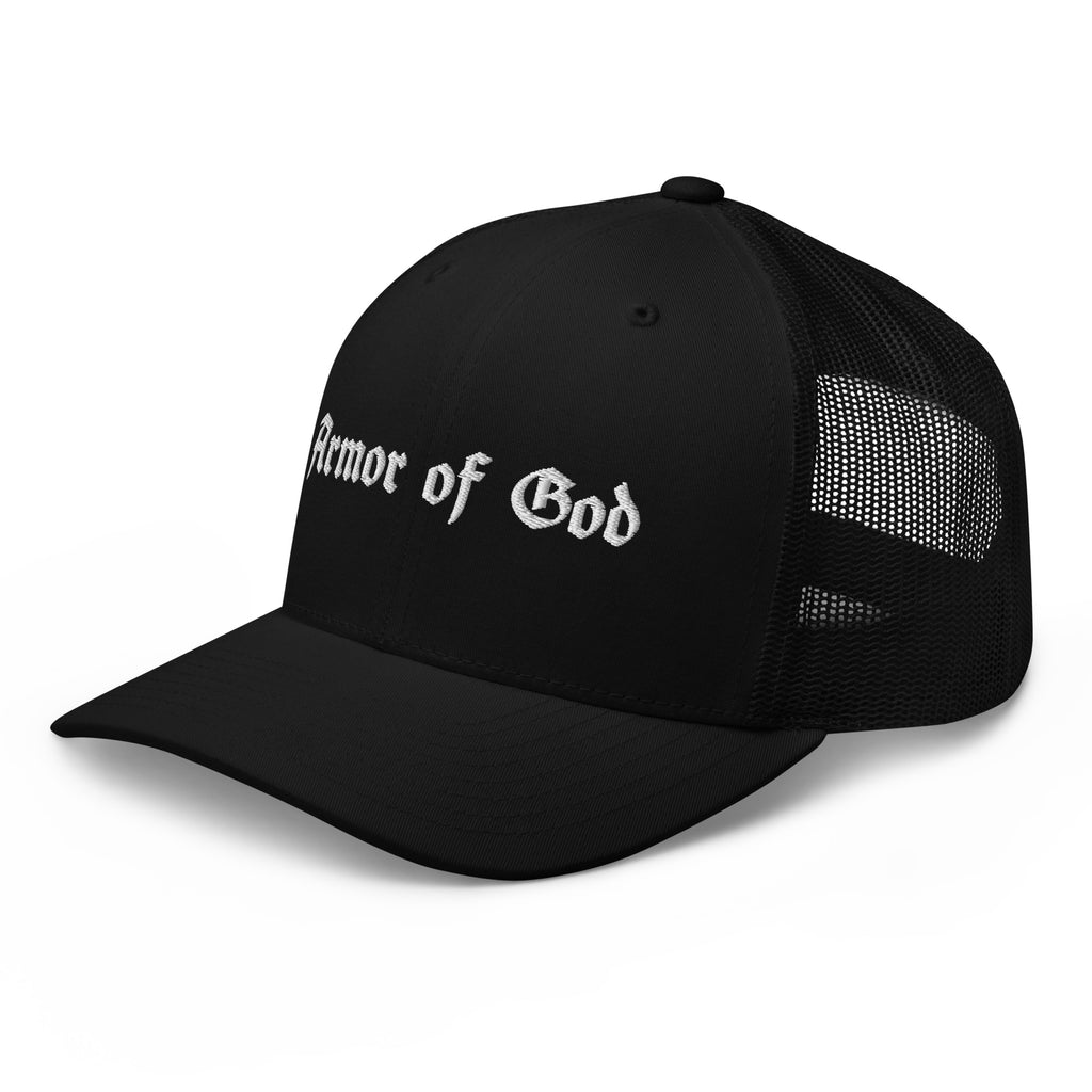 Armor of God Brand black trucker cap, left front angle