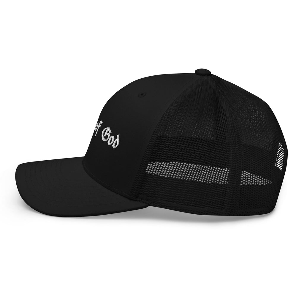 Armor of God Brand black trucker cap, left side profile view