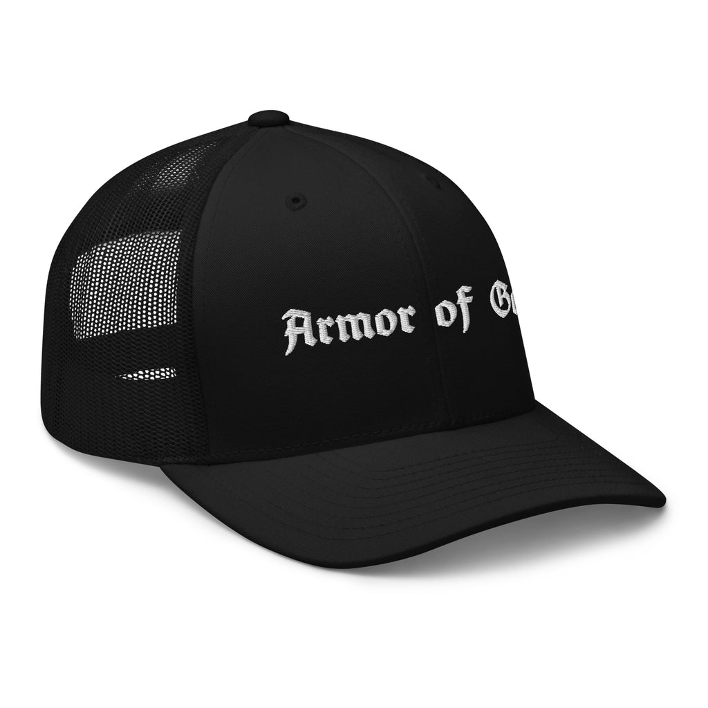 Armor of God Brand black trucker cap, right front angle