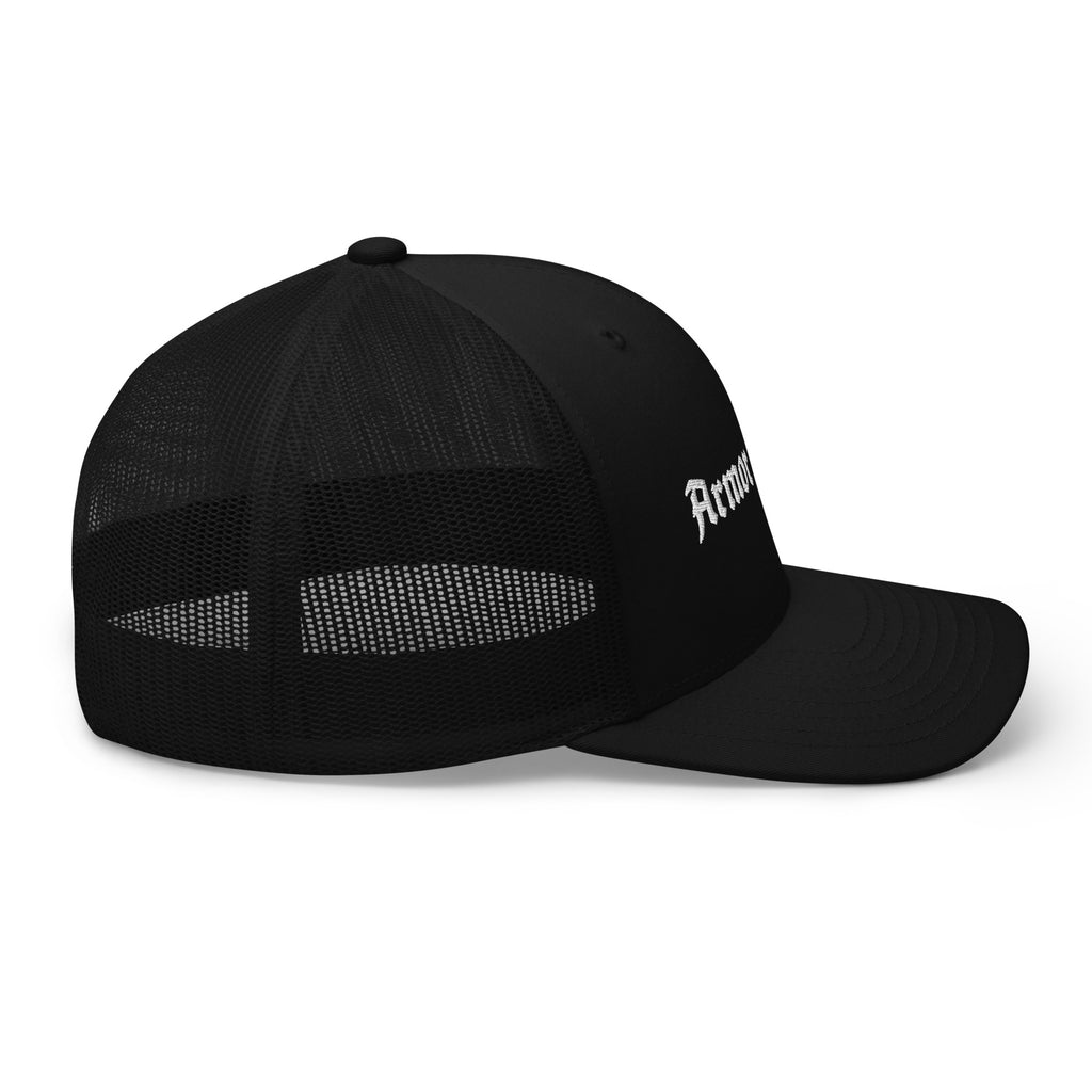 Armor of God Brand black trucker cap, right side profile view