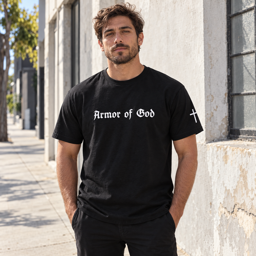 Armor of God Classic T-Shirt, male model wearing the front in Los Angeles