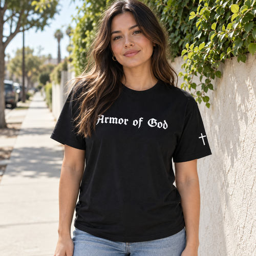 Armor of God Classic T-Shirt, female model wearing the front in Los Angeles