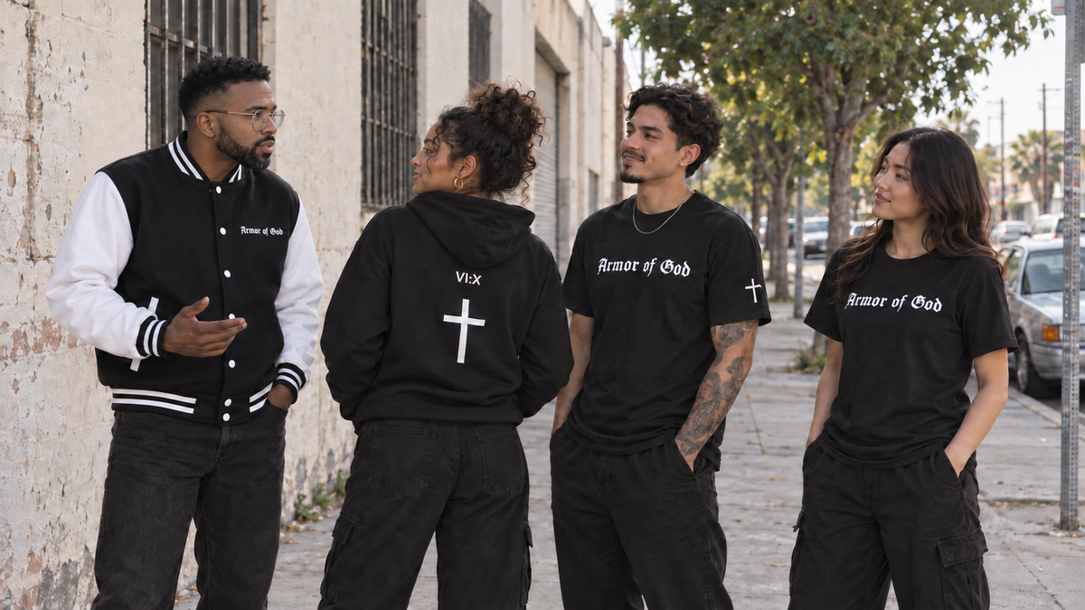 Four people wearing Armor of God T-shirts, a cross-back hoodie and letterman jacket on a Los Angeles sidewalk