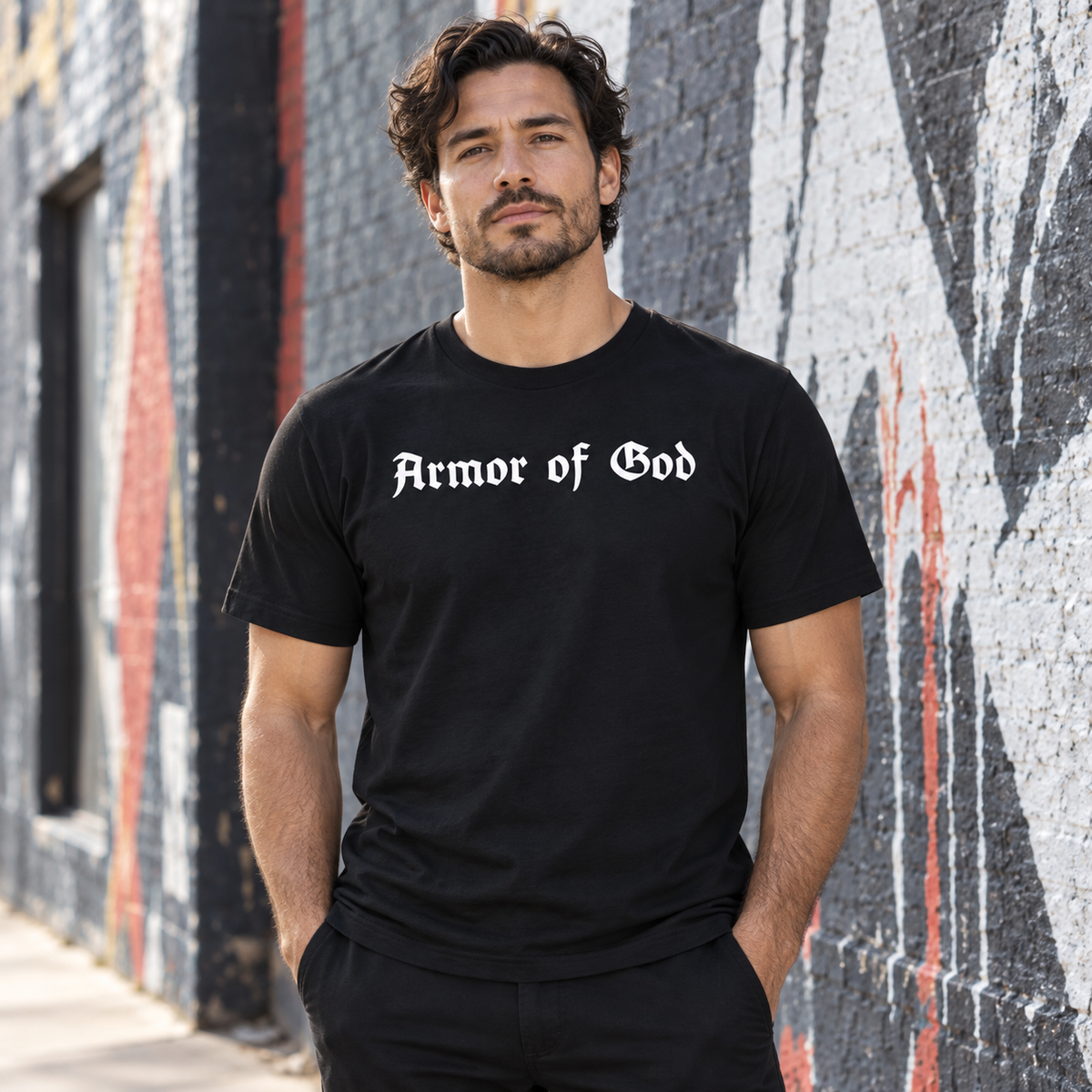Armor of God Cross-Back Jersey T-Shirt, male model wearing the front in Los Angeles