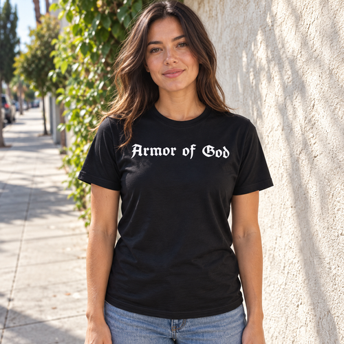Armor of God Cross-Back Jersey T-Shirt, female model wearing the front in Los Angeles