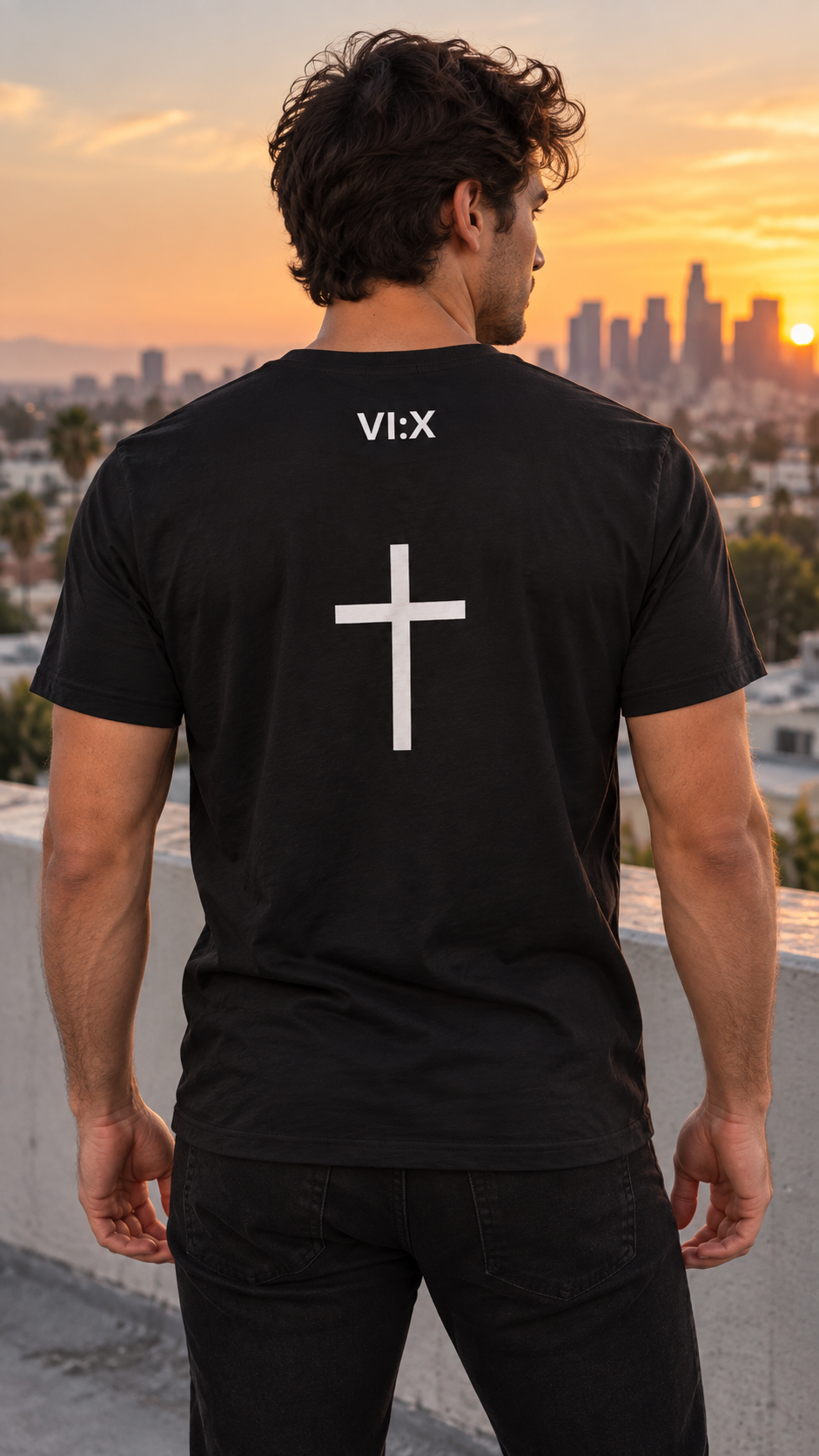 Armor of God Cross-Back Jersey T-Shirt, male model wearing the back with VI X cross graphic in Los Angeles