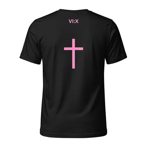 Armor of God Cross-Back Jersey T-Shirt in black with pink VI:X cross back print
