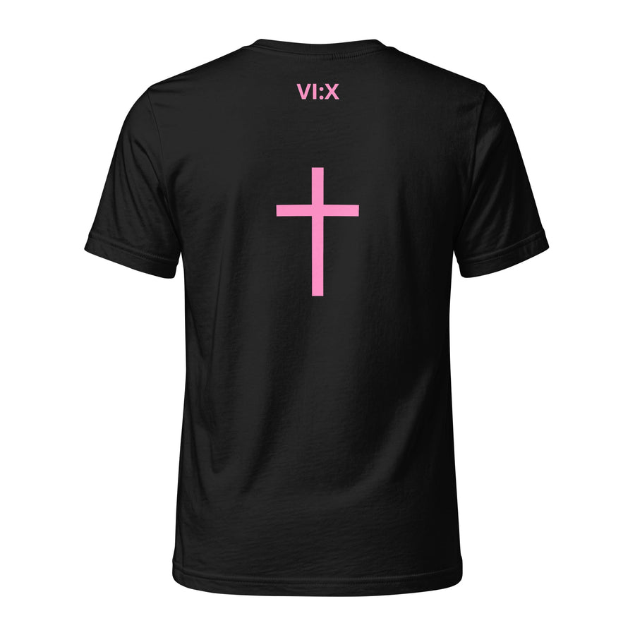 Armor of God Cross-Back Jersey T-Shirt in black with pink VI:X cross back print