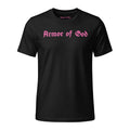 Armor of God Cross-Back Jersey T-Shirt in black with pink front wordmark