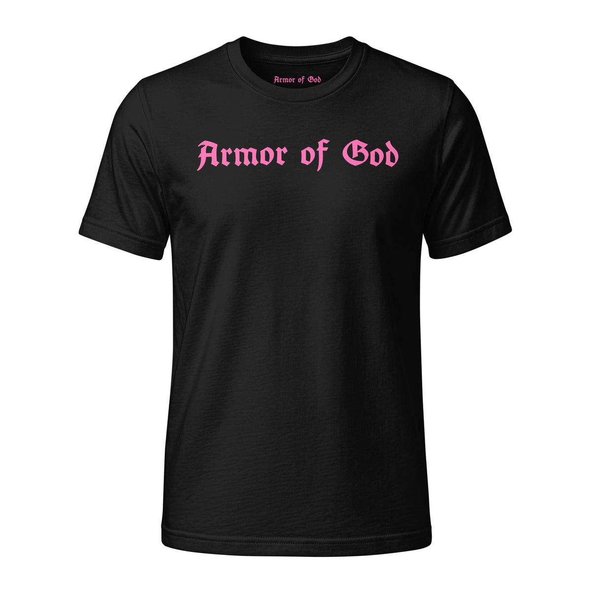 Armor of God Cross-Back Jersey T-Shirt in black with pink front wordmark