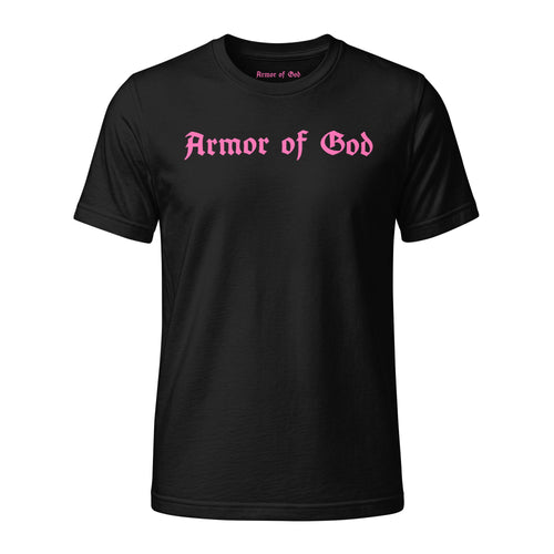 Armor of God Cross-Back Jersey T-Shirt in black with pink front wordmark