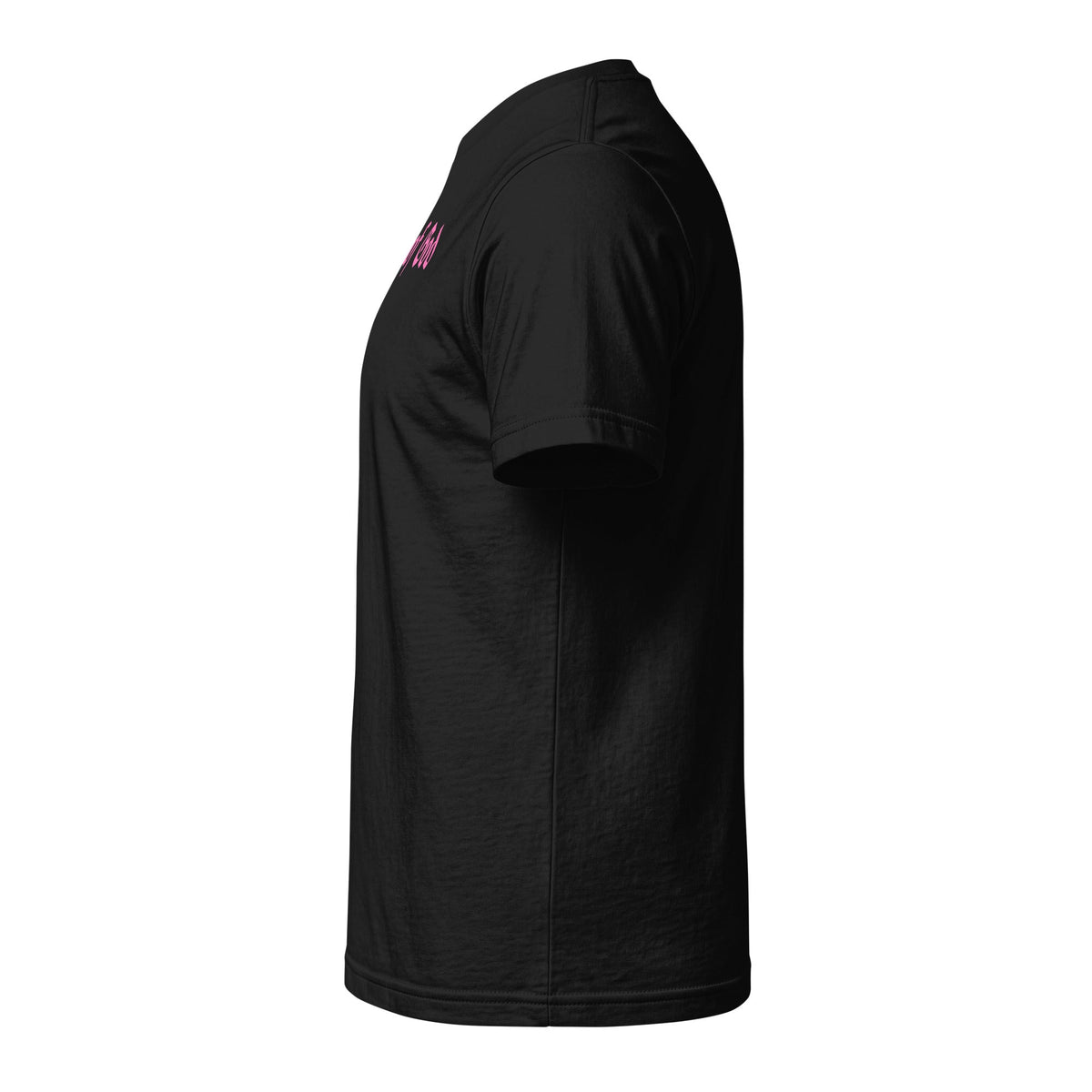 Armor of God Cross-Back Jersey T-Shirt in black with pink print, left side view
