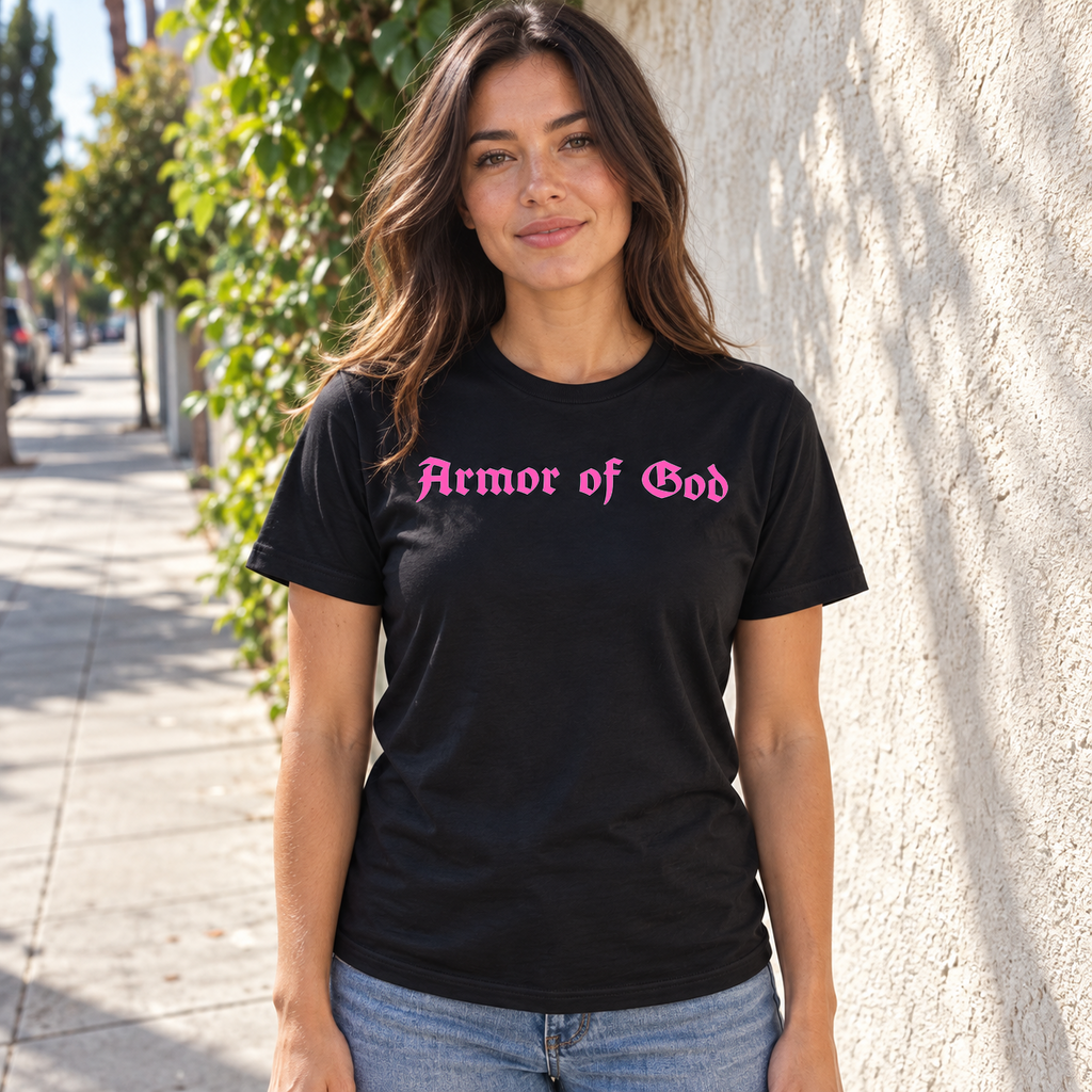 Female model wearing the Armor of God Cross-Back Jersey T-Shirt in black with pink front wordmark in Los Angeles