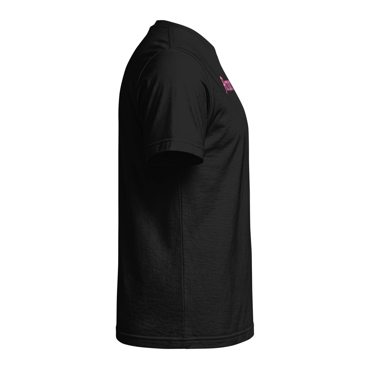 Armor of God Cross-Back Jersey T-Shirt in black with pink print, right side view