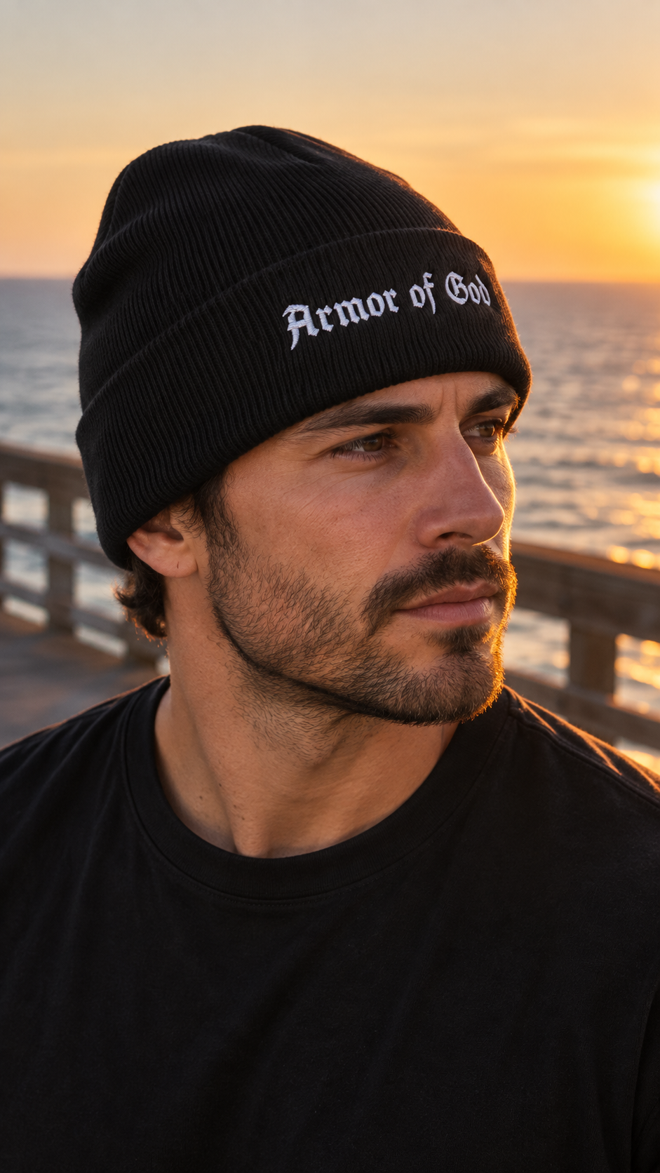 Armor of God Cuffed Beanie, male model wearing the three quarter profile in Los Angeles