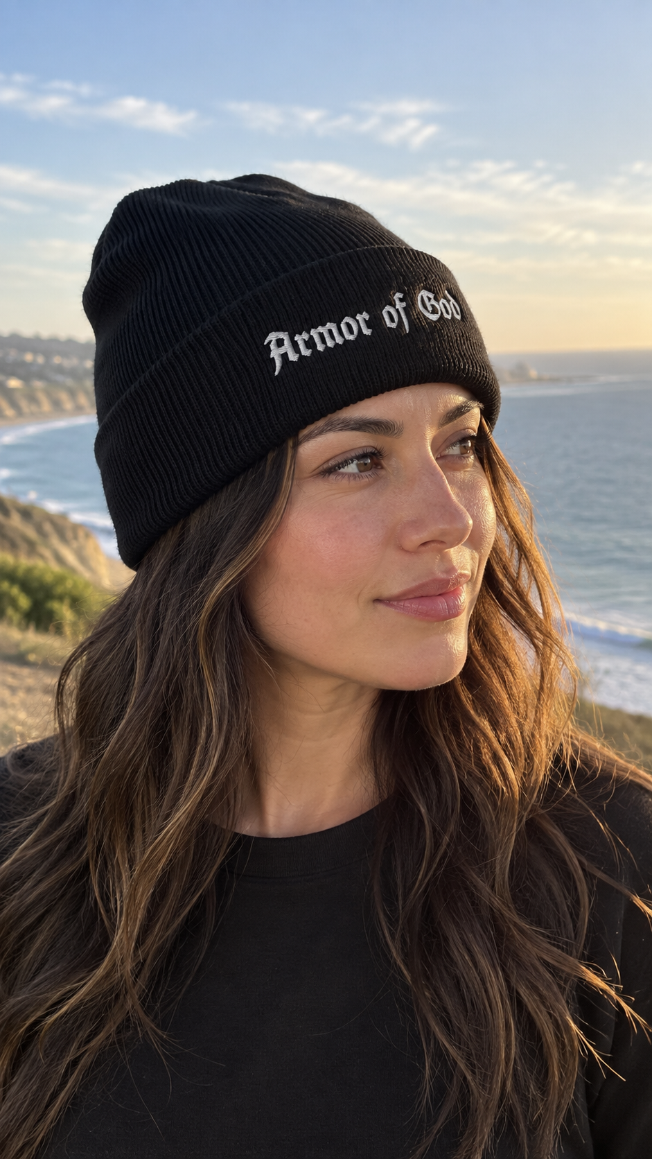 Armor of God Cuffed Beanie, female model wearing the three quarter profile in Los Angeles
