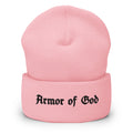 Armor of God Cuffed Beanie in baby pink with black embroidered front wordmark