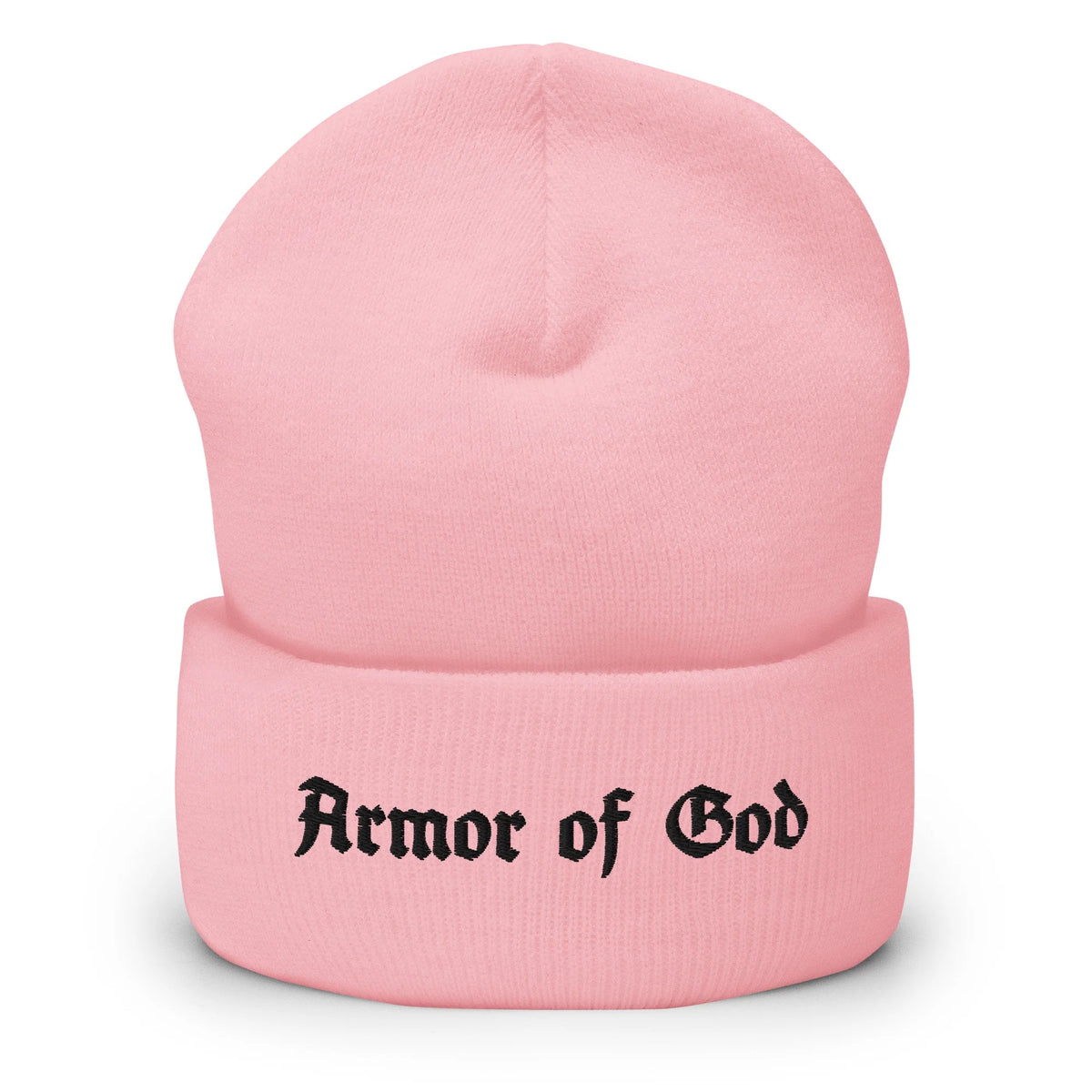 Armor of God Cuffed Beanie in baby pink with black embroidered front wordmark