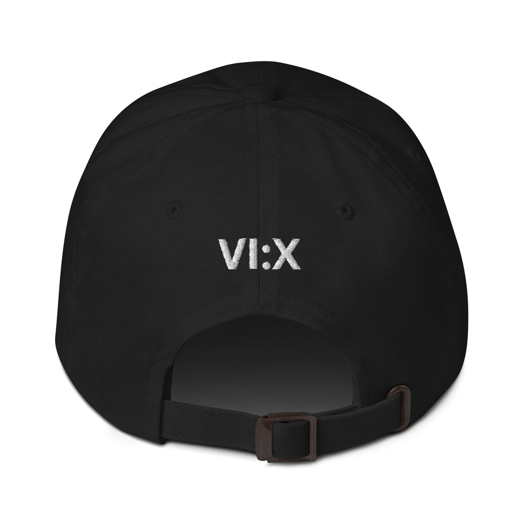 Armor of God Dad Hat in black, back view with adjustable buckle strap