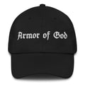 Armor of God Dad Hat in black, front view with white embroidered wordmark