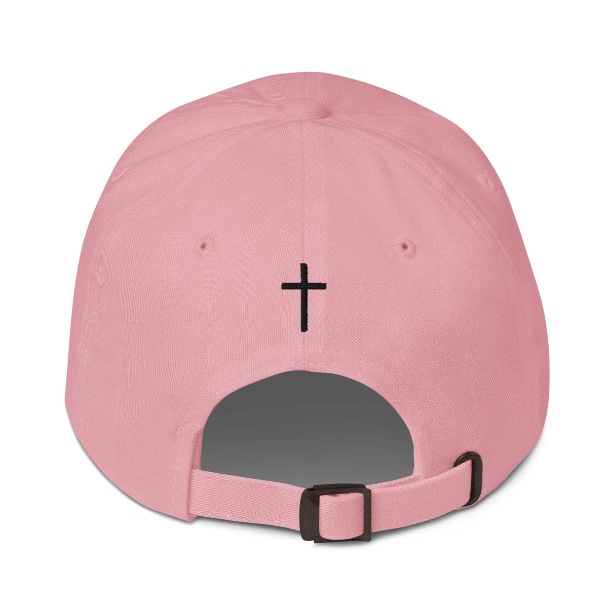 Armor of God Dad Hat in baby pink, back view with adjustable buckle strap
