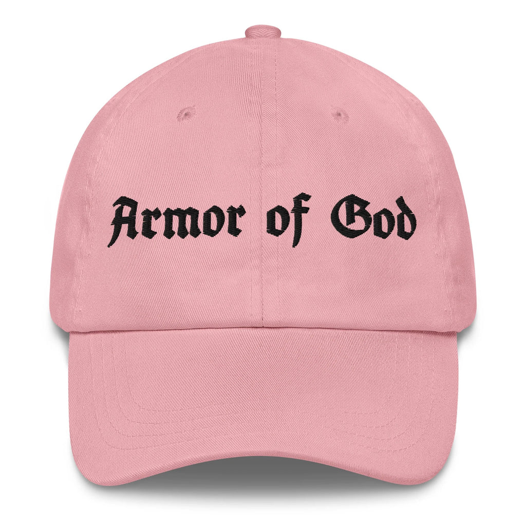 Armor of God Dad Hat in baby pink with black embroidered front wordmark