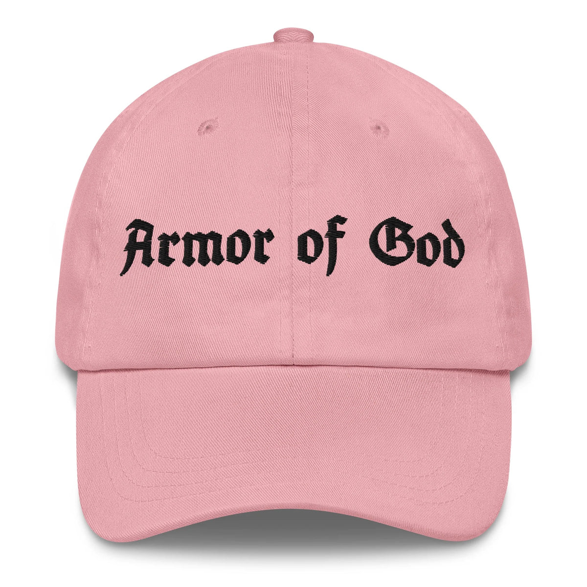 Armor of God Dad Hat in baby pink with black embroidered front wordmark