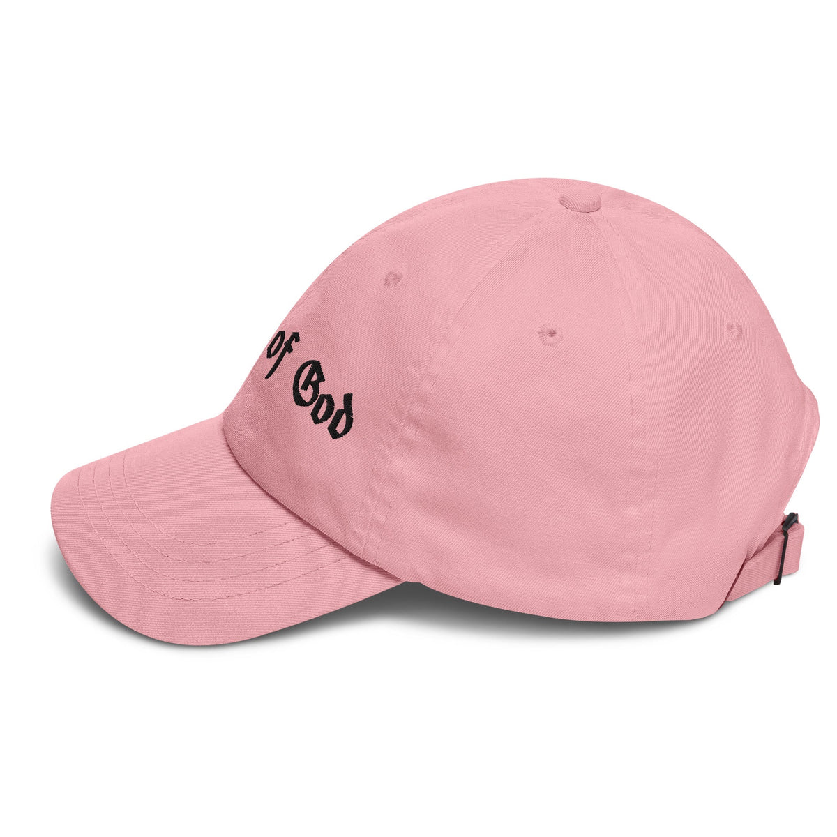 Armor of God Dad Hat in baby pink with black embroidery, left side view