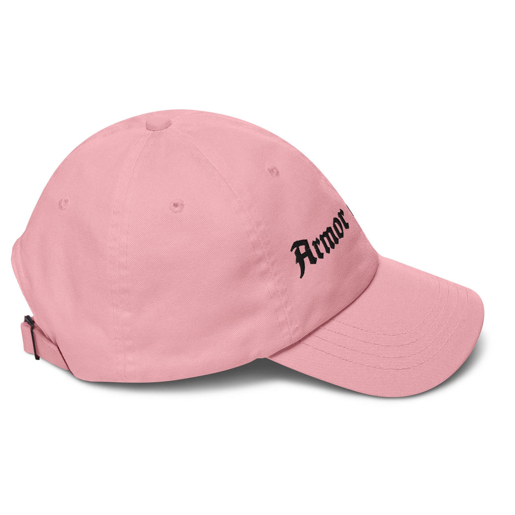 Armor of God Dad Hat in baby pink with black embroidery, right side view
