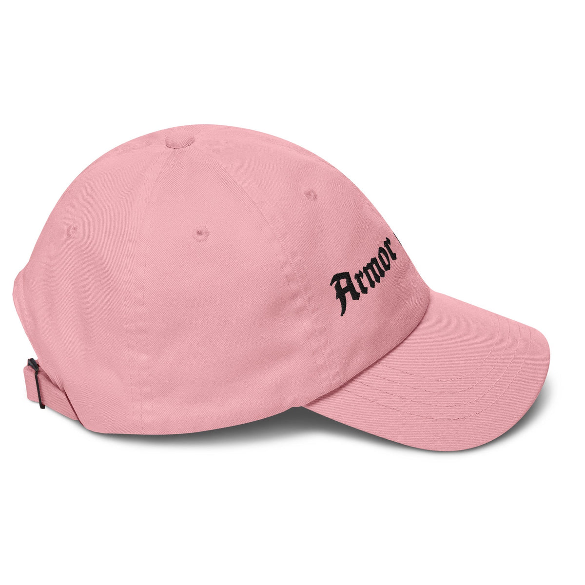 Armor of God Dad Hat in baby pink with black embroidery, right side view