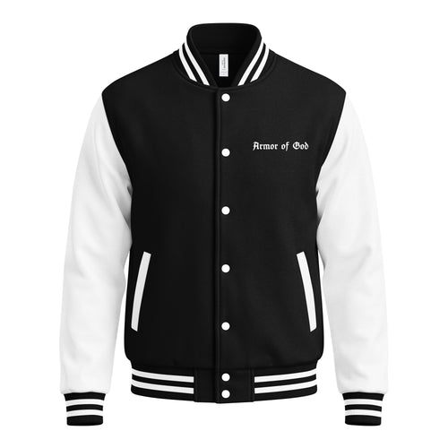 Armor of God Letterman Jacket in black and white, front view