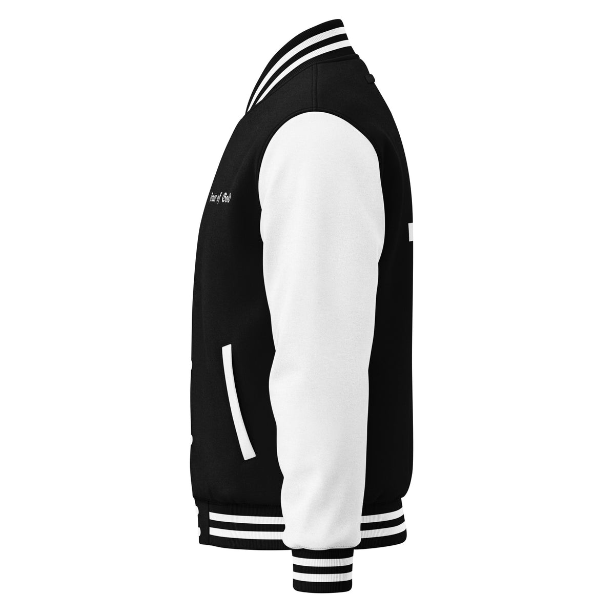 Armor of God Letterman Jacket in black and white, left view