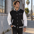 Armor of God Letterman Jacket, male model wearing the front in Los Angeles