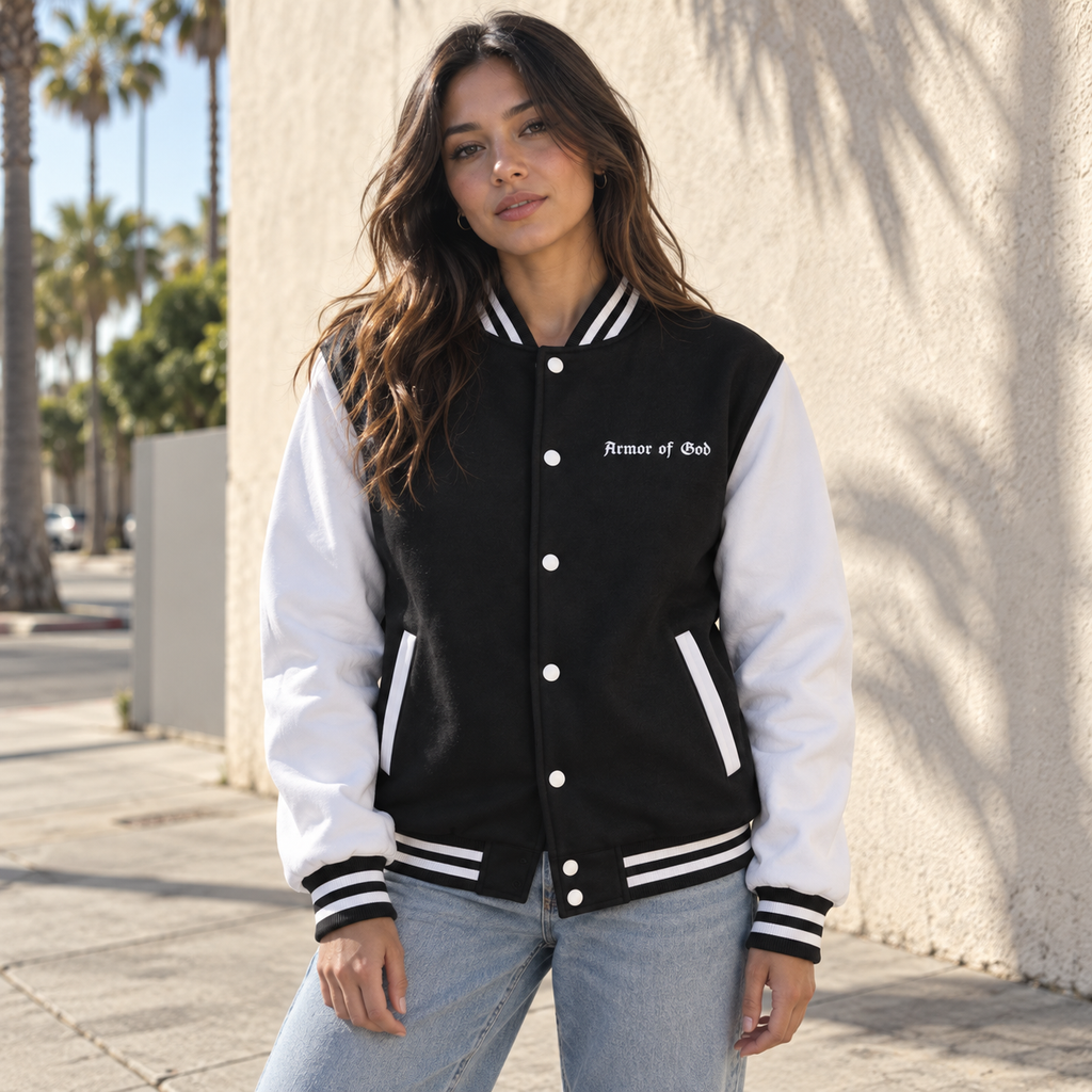 Armor of God Letterman Jacket, female model wearing the front in Los Angeles