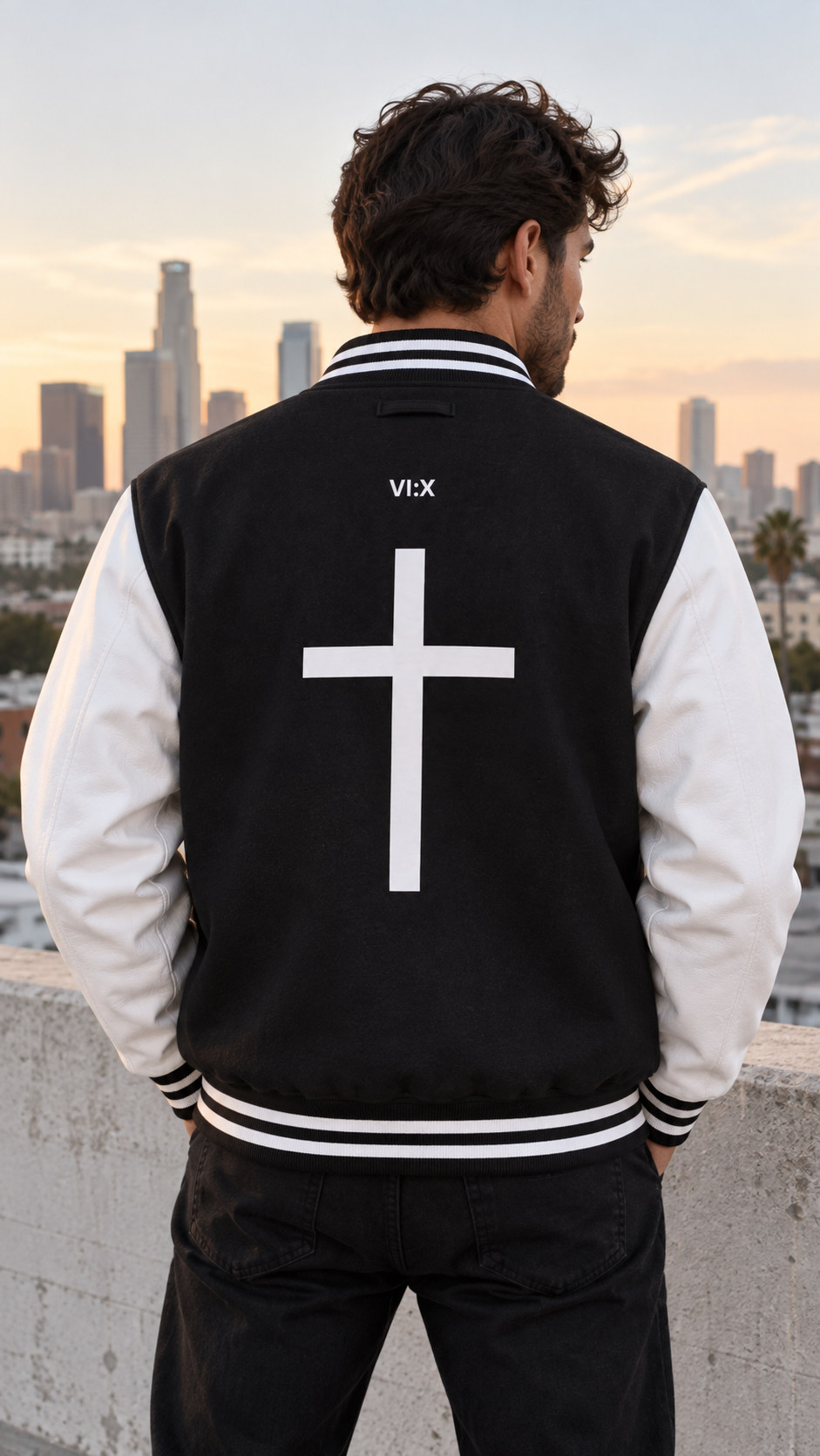 Armor of God Letterman Jacket, male model wearing the back with cross graphic in Los Angeles