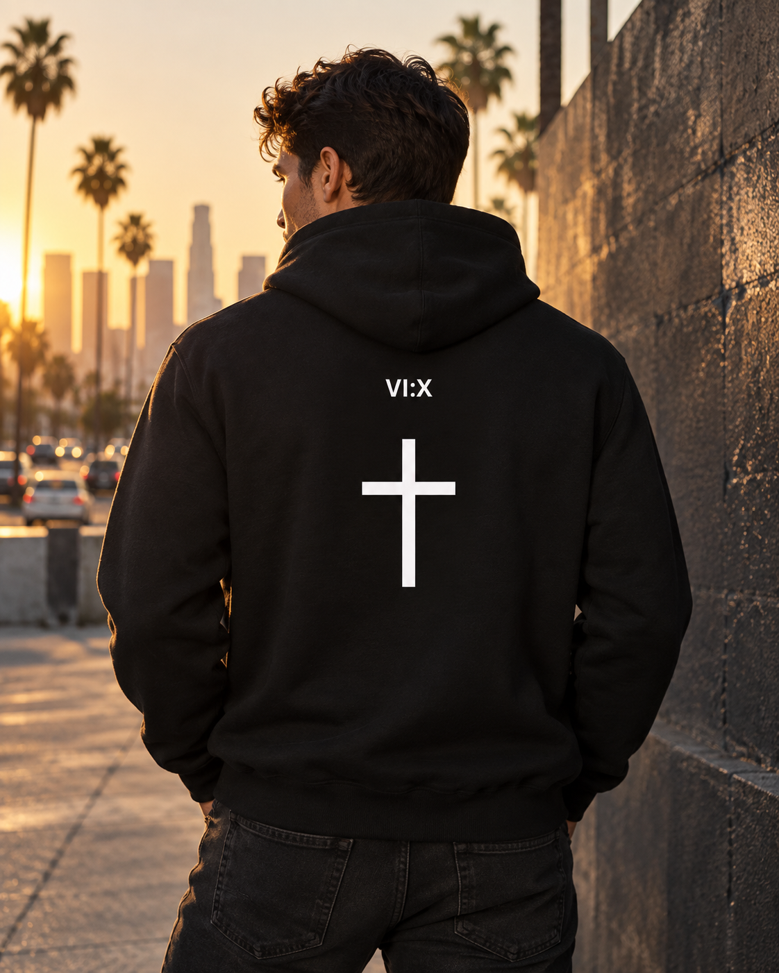 Male model wearing the Armor of God Pullover Hoodie back with VI X cross graphic in Los Angeles