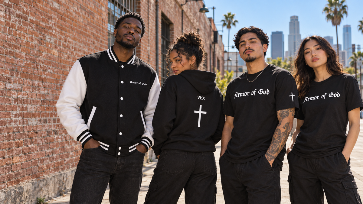 Four models wearing an Armor of God letterman jacket, hoodie, Classic T-Shirt and Jersey T-Shirt in Los Angeles