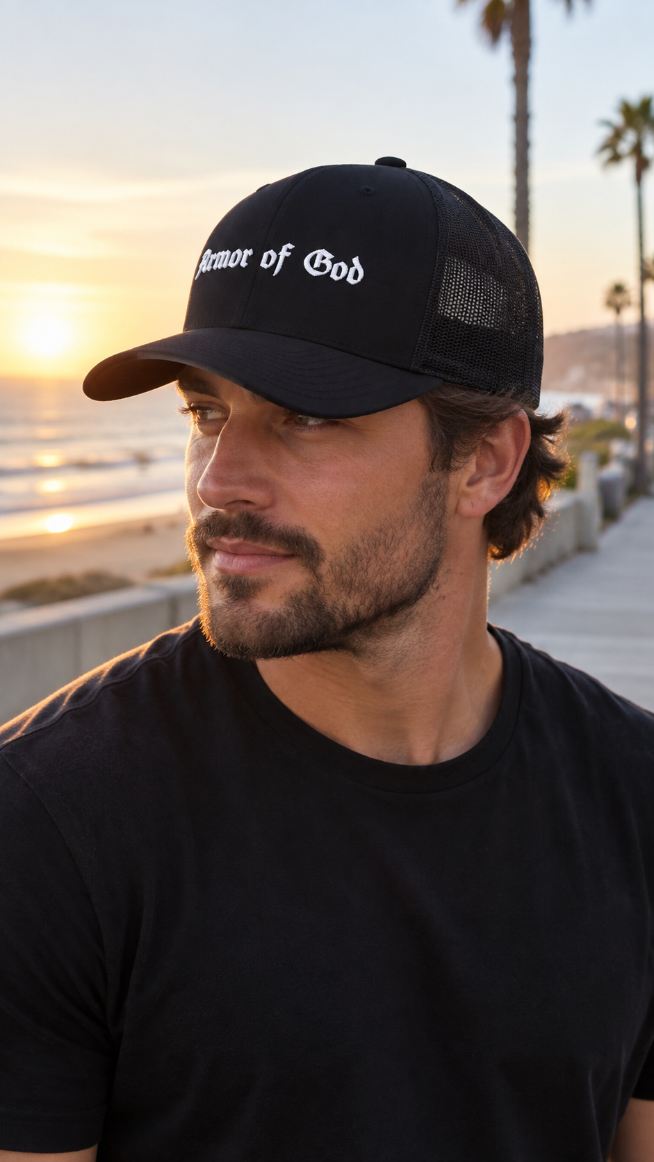 Armor of God Trucker Cap, male model wearing the three quarter profile in Los Angeles